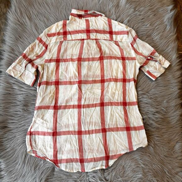 LEVI’S Blouse Sz S Casual Red White Plaid Button Up Short Sleeve Top Semi Sheer - Picture 12 of 12